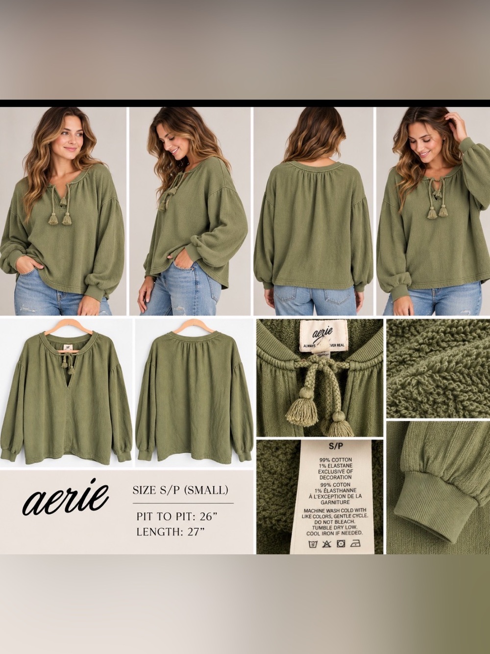 Aerie Olive Green Oversized Tie Neck Pullover Sweatshirt Top S